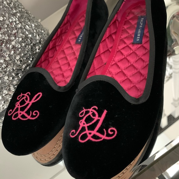 RALPH LAUREN VELVET MONOGRAM BALLET SLIP ons